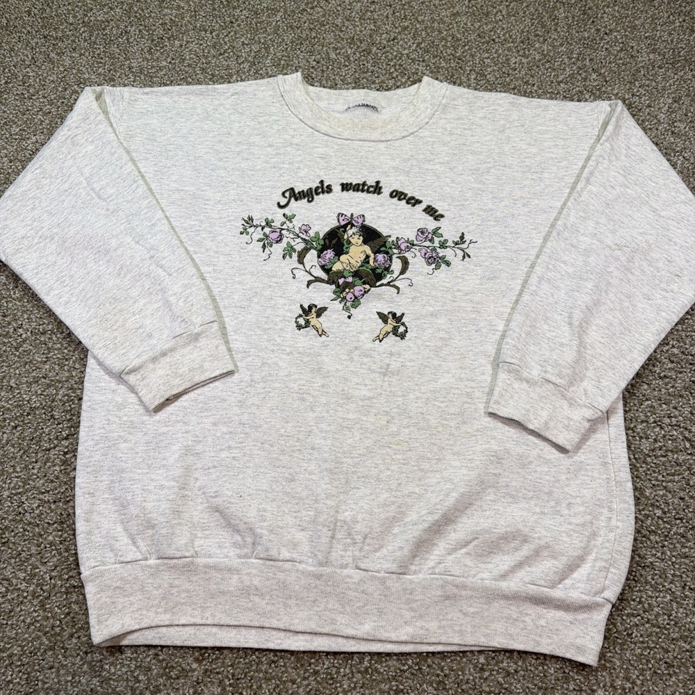 Vintage Angels Watch Over Me Sweatshirt Heather Gray 90s Size L Jesus Grandma
